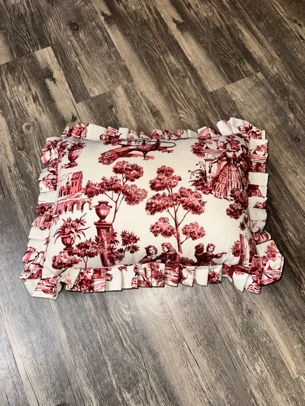 Vintage Toile Lumbar Pillow Red White Ruffle Cottage Farmhouse Decor 16”
